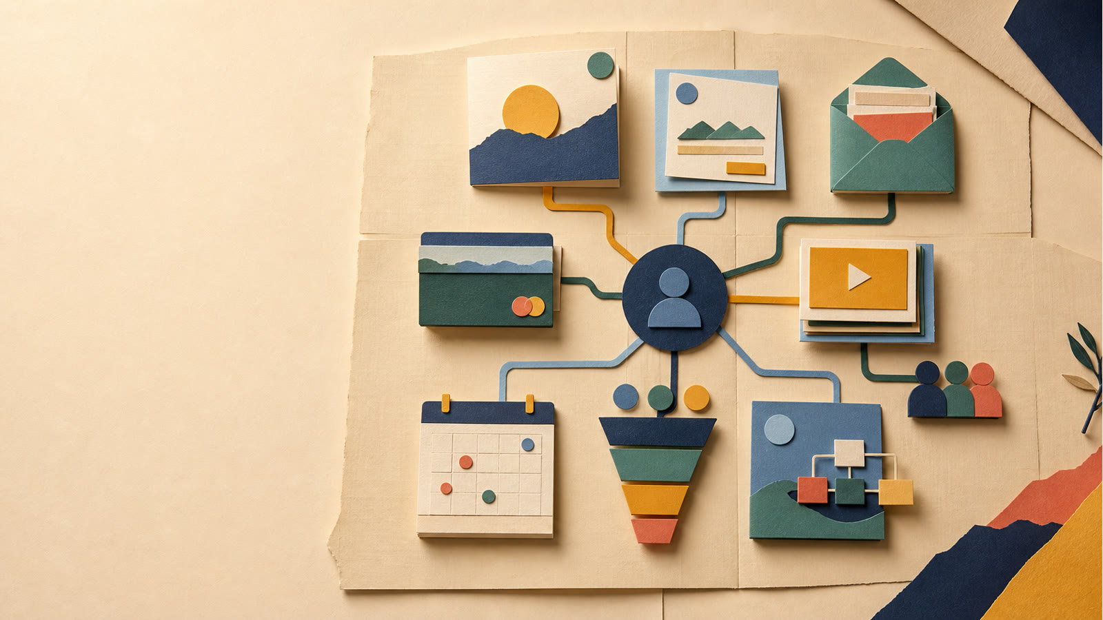 Original cut-paper map of a solo online business connecting an offer, landing page, email, calendar, checkout, course, community, funnel, and automation on warm folded paper